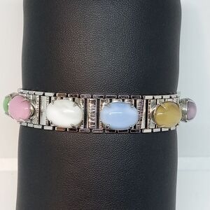 * vintage Sarah Coventry multi-color glass oval cabs bracelet w/safety chain 7"